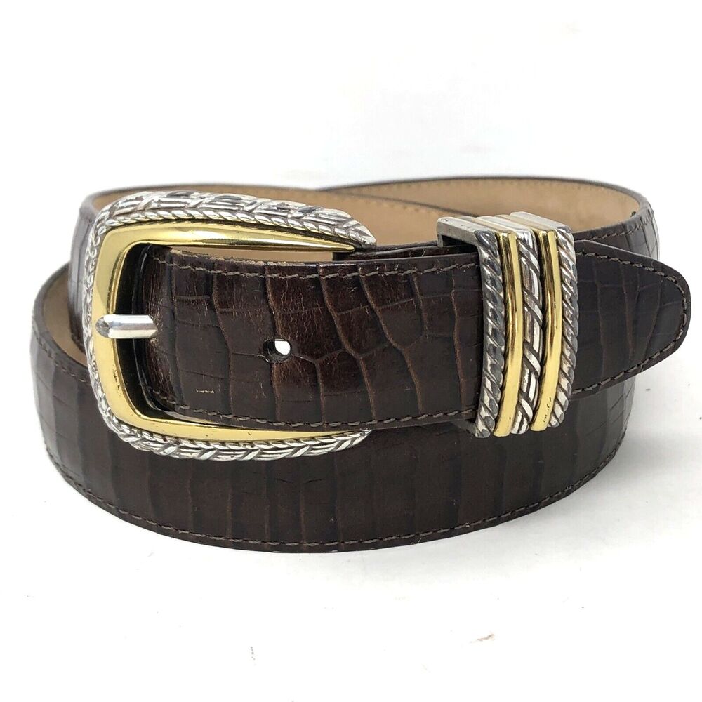 Brighton Croc Embossed Leather Belt Womens M/30 Brown Silver Gold Buckle Glam
